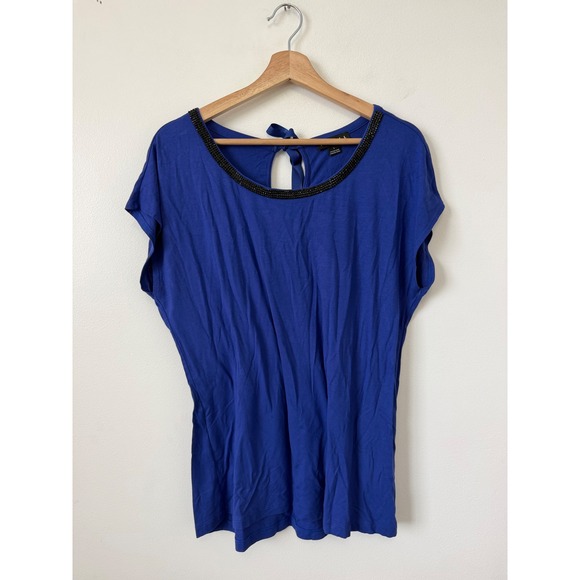 Tribal Tops - Tribal Women's Blue Short Sleeve Blouse with Sequin Neckline – Large – NWOT